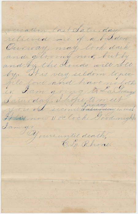Detail from a Nov. 3, 1886, love letter from Calvin Rhone to Lucia Knotts. The couple married on Dec. 27, 1887, in Round Top.