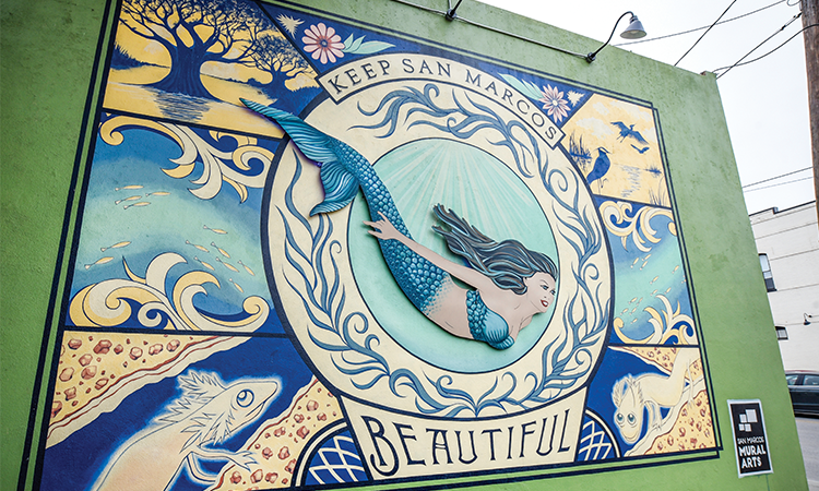A mermaid can’t be missed in this San Marcos mural. Mermaids are a popular icon in the city, in part due to the ‘Aquamaids’ who swam in Aquarena Springs theme park there for more than four decades.