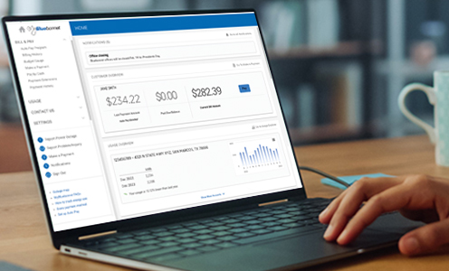 The MyBluebonnet online dashboard visible from a laptop computer screen.