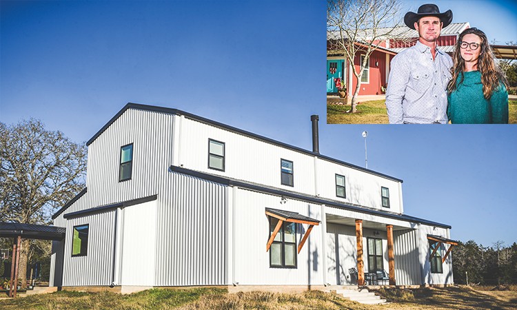 Mark and Sunny Woelfel built a 3,200 square-foot barndominium on family land in Giddings. Top right, Amanda and John Hart did all the work themselves building their barndominium in Winchester. (Sarah Beal photos)