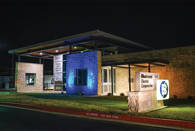 In April, Bluebonnet's five member service centers will have a pop of blue light at night to raise awareness for Child Abuse Prevention Month. (Sarah Beal photo)