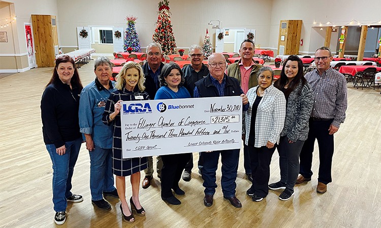 Pictured, from left to right are: Paula Urban, Ellinger Chamber of Commerce treasurer; Paulette Urban, Ellinger Chamber of Commerce director; Margaret D. “Meg” Voelter, LCRA board member; Mark Johnson, Bluebonnet Giddings-area community representative; Nicole Ramirez, Ellinger Chamber of Commerce vice president; Tom Kubena, Ellinger Chamber of Commerce director; Byron Balke, Bluebonnet Board assistant secretary/treasurer; Michael Schlabach, Ellinger Chamber of Commerce president; Charlotte Michalsky, Elling