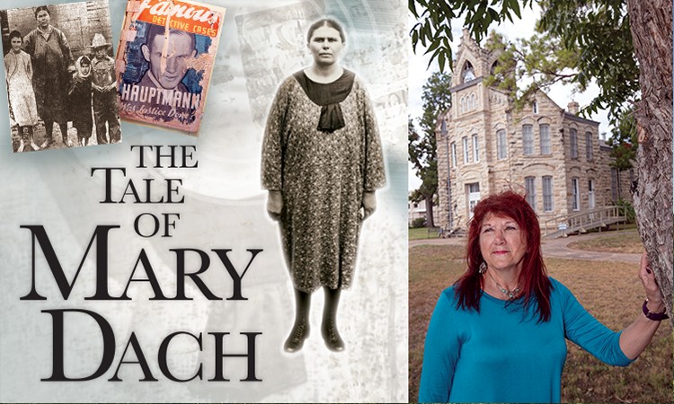 From left are a 1933 photo of Mary Dach with her children (Goose Creek Daily Sun photo, courtesy Sterling Municipal Library, via The Portal to Texas History); the June 1935 issue of ‘Famous Detective Cases’ magazine, which featured Dach (courtesy Fayette Heritage Museum & Archives); a 1933 photo of Dach (Acme Newspictures photo, courtesy Fayette Heritage Museum & Archives); and Cathy Chaloupka, former tourism director for La Grange’s Chamber of Commerce, in front of the old Fayette County Jail in La Grange