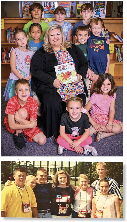 Shayne Markwardt Kirts, top, with some of her students at Giddings Elementary School, where she is principal. Back row, from left, are Brandon Villegas, Katelyn Snyder and Robert Nicks; second row, from left, are Adalyn Christiansen, Noah Villegas, Hudson Adams and Nolan Adams; front row, from left, are Wyatt Irwin, Emery Adams and River Anderson. Kirts with other members of the 2002 tour, above. She is third from right. Sarah Beal photo above; other photo courtesy Shayne Markwardt Kirts