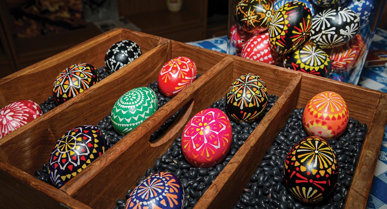 Eggs decorated using the wax batik technique, above, on display at Wendish Fest in Serbin in Lee County. The event is hosted every fourth Sunday in September by the Texas Wendish Heritage Society. These eggs were decorated by Susan Unger of Houston.